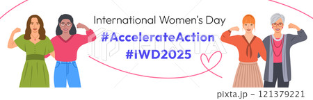 Accelerate Action campaign pose. International Women's Day 2025 theme banner with slogan. Different women demonstrate strong arm to show solidarity and support for women's rights, gender equality. Accelerate Action campaign pose. International Women's Day 2025 theme banner with slogan. Different women demonstrate strong arm to show solidarity and support for women's rights, gender equality. 121379221