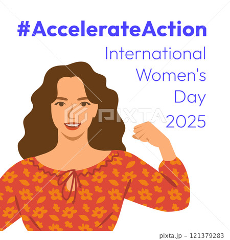 Accelerate Action campaign pose. International Women's Day 2025 theme. Beautiful woman demonstrates a strong arm to show solidarity and support for women's rights and gender equality. Square banner Accelerate Action campaign pose. International Women's Day 2025 theme. Beautiful woman demonstrates a strong arm to show solidarity and support for women's rights and gender equality. Square banner 121379283
