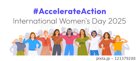 Accelerate Action campaign pose. International Women's Day 2025. Diverse women show solidarity and support to stop discrimination. Collective global activism for women's rights and gender equality 121379288