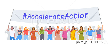 Accelerate Action campaign. International Women's Day 2025. Women of different ethnicities and age holding a banner with a slogan to show solidarity and support for women's rights and gender equality Accelerate Action campaign. International Women's Day 2025. Women of different ethnicities and age holding a banner with a slogan to show solidarity and support for women's rights and gender equality 121379289