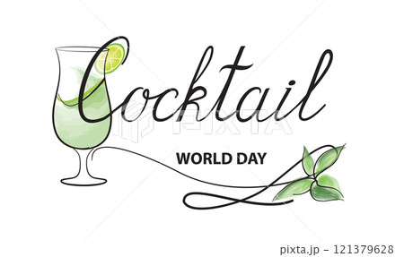 Cocktail pary holiday decor. Cocktail drink glass with calligraphic lettering Cocktail, citrus, mint. Beverage artistic line drawing Cocktail pary holiday decor. Cocktail drink glass with calligraphic lettering Cocktail, citrus, mint. Beverage artistic line drawing 121379628