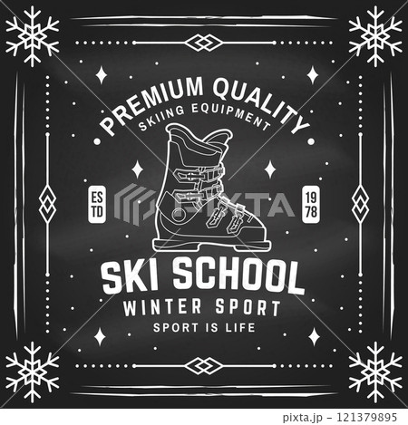 Ski winter sport. Vector ski club flyer, poster, banner on the chalkboard. Concept for shirt, print, seal or stamp with ski boot. Family vacation, activity or travel. 121379895