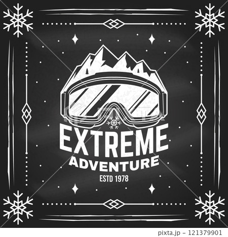 Extreme winter adventures. Vector ski club flyer, poster, banner on the chalkboard. Concept for shirt, print, seal or stamp with mountain, ski glasses. Family vacation, activity or travel. For logo 121379901