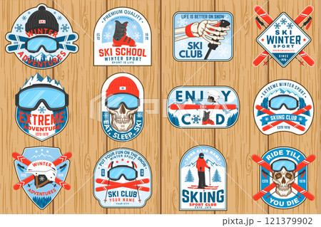 Set of ski winter sport retro patches. Vector. Concept for shirt, print, seal or stamp with ski glasses, skull, skeleton hand holding ski pole. Family vacation, activity or travel. For logo design Set of ski winter sport retro patches. Vector. Concept for shirt, print, seal or stamp with ski glasses, skull, skeleton hand holding ski pole. Family vacation, activity or travel. For logo design 121379902