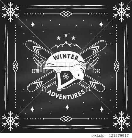 Winter adventures. Vector ski club flyer, poster, banner on the chalkboard. Concept for shirt, print, seal or stamp with skis, ski poles, helmet. Family vacation, activity or travel. For logo design 121379917
