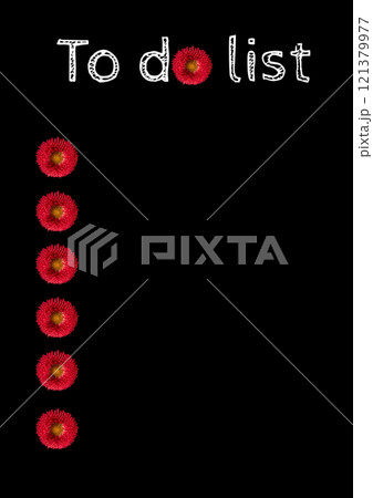 to do list on black paper notebook with red daisy 121379977