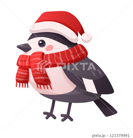 Cute bird character in red cap and scarf. Vector illustration Cute bird character in red cap and scarf. Vector illustration 121379991