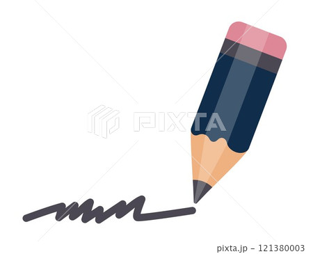 Pencil with rubber band. Pencil draws a line. Pencil in blue colour. Text editing icon. Office supplies. Writing sign business concept. Pencil with rubber band. Pencil draws a line. Pencil in blue colour. Text editing icon. Office supplies. Writing sign business concept. 121380003