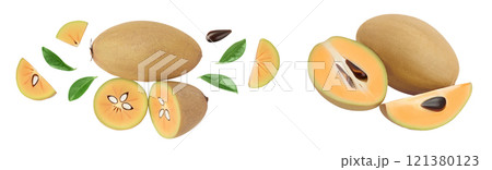 Sapodilla isolated on white background with full depth of field. Top view. Flat lay 121380123