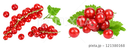 Red currant berries isolated on white background. Top view. Flat lay Red currant berries isolated on white background. Top view. Flat lay 121380168
