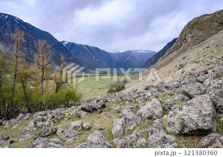 View from the top of a deep canyon surrounded by mountains, a river flowing below and a steep winding road descending down to the river on an overcast spring day. Chulyshman river valley, Altai, View from the top of a deep canyon surrounded by mountains, a river flowing below and a steep winding road descending down to the river on an overcast spring day. Chulyshman river valley, Altai, 121380360