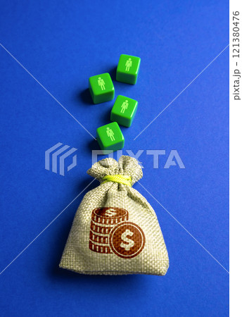 Figures of people falling into a bag of money. The concept of hiring workers and getting a share of profit from their work. Business and Commerce. Human resources. Investments, investors. Customers Figures of people falling into a bag of money. The concept of hiring workers and getting a share of profit from their work. Business and Commerce. Human resources. Investments, investors. Customers 121380476