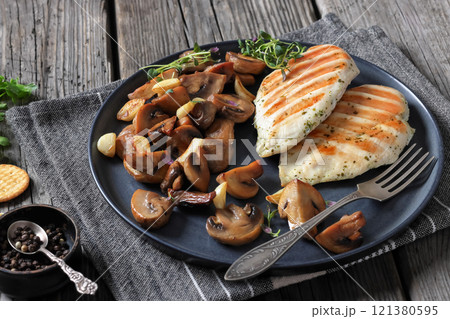 grilled chicken breasts with mushrooms, top view 121380595