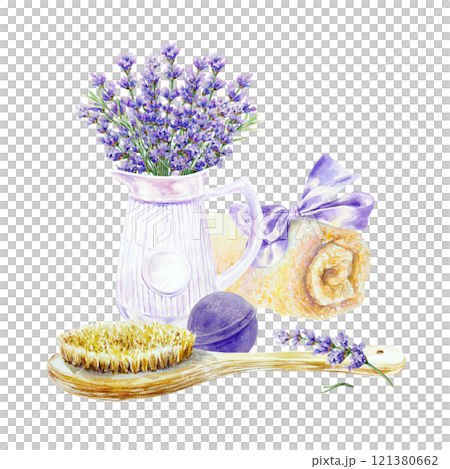 Lavender SPA, bouquet of flowers in a jug, towel, bath bomb, massage brush. Hand drawn watercolor illustration isolated. Invitations, cosmetics labels 121380662