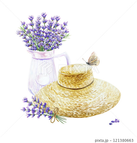 Lavender bouquet in white jug, straw hat, butterfly. Hand drawn watercolor illustration isolated. Birthday greeting cards, wedding invitations, labels Lavender bouquet in white jug, straw hat, butterfly. Hand drawn watercolor illustration isolated. Birthday greeting cards, wedding invitations, labels 121380663