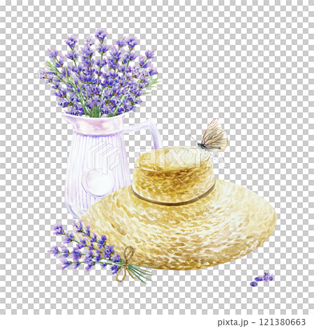 Lavender bouquet in white jug, straw hat, butterfly. Hand drawn watercolor illustration isolated. Birthday greeting cards, wedding invitations, labels Lavender bouquet in white jug, straw hat, butterfly. Hand drawn watercolor illustration isolated. Birthday greeting cards, wedding invitations, labels 121380663
