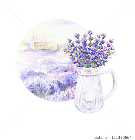 Lavender bouquet in white jug on floral landscape background. Hand drawn watercolor illustration Birthday cards, wedding invitations, cosmetics labels 121380664
