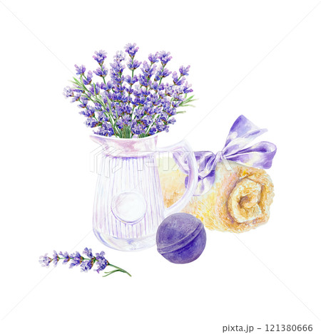 Lavender SPA, bouquet of flowers in a jug, towel, bath bomb. Hand drawn watercolor illustration isolated. Invitations, cosmetics labels, certificates. 121380666