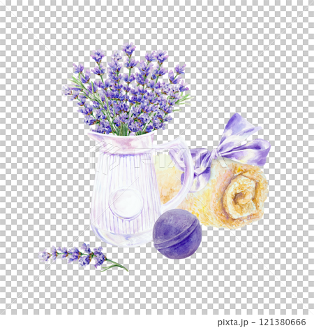 Lavender SPA, bouquet of flowers in a jug, towel, bath bomb. Hand drawn watercolor illustration isolated. Invitations, cosmetics labels, certificates. 121380666
