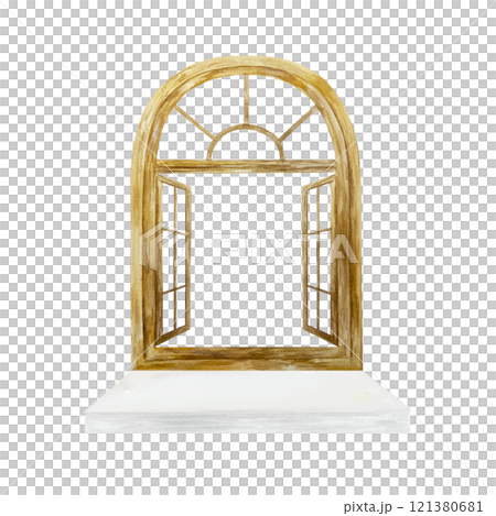 Wooden window frame with open shutters and white window sill. Hand drawn watercolor illustration isolated on white. For labels, posters, banners. 121380681