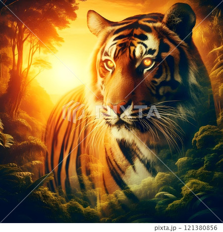 A tiger in the jungle against a vivid sunset, its eyes glowing with the energy of the sun. 121380856