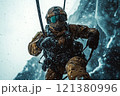 Soldier in winter gear, including a fabric mask and protective glasses, parachutes from helicopter. 121380996