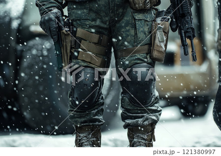 Legs of soldier in winter gear with knee pads. Legs of soldier in winter gear with knee pads. 121380997