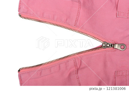 Pink jeans zipper. Close-up of women's jeans, jeans with zipper. 121381006