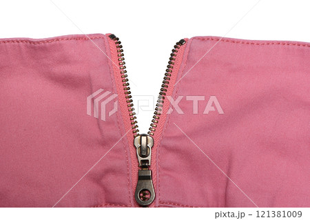 Pink jeans zipper. Close-up of women's jeans, jeans with zipper. 121381009