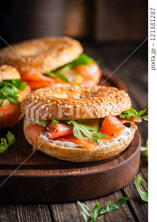 Bagel sandwich with salmon Bagel sandwich with salmon 121381287