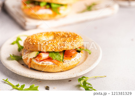Bagel sandwich with salmon Bagel sandwich with salmon 121381329
