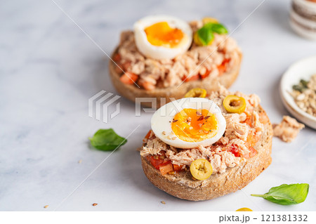 Tuna toast with boiled egg Tuna toast with boiled egg 121381332