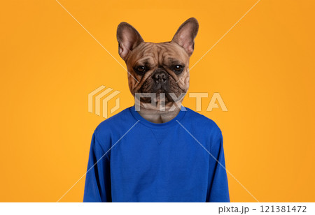 A French bulldog wearing a blue sweatshirt stands against a solid yellow background. The dog is looking directly at the camera with a serious expression. A French bulldog wearing a blue sweatshirt stands against a solid yellow background. The dog is looking directly at the camera with a serious expression. 121381472
