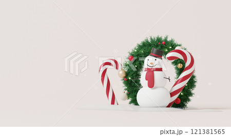 3D render, Happy new year and Merry Christmas scene with festive snowman, candy canes and Christmas wreath. 3D render, Happy new year and Merry Christmas scene with festive snowman, candy canes and Christmas wreath. 121381565