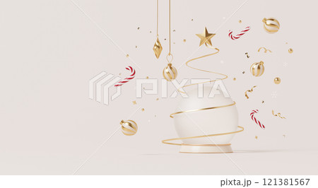 3D render, Happy new year and Merry Christmas scene with gold baubles, and spiral tree. 3D render, Happy new year and Merry Christmas scene with gold baubles, and spiral tree. 121381567