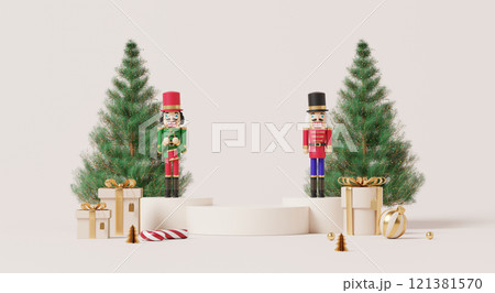 3D render, Happy new year and Merry Christmas background with Podium stage decorated with nutcracker, festive trees, gifts, and ornaments 3D render, Happy new year and Merry Christmas background with Podium stage decorated with nutcracker, festive trees, gifts, and ornaments 121381570
