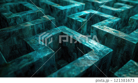 Concrete dark maze, vintage turquoise 3d labyrinth like surreal building. Concept of puzzle, problem, illustration, travel, wall and solution 121381673