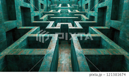 Surreal 3d maze, vintage turquoise concrete labyrinth like abstract fantasy building. Concept of puzzle, problem, illustration, travel, wall and solution 121381674