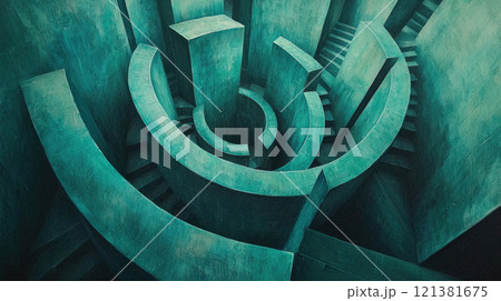 Surreal 3d round maze, vintage turquoise concrete labyrinth like abstract building. Concept of puzzle, problem, uncertainty, illustration, wall and solution 121381675