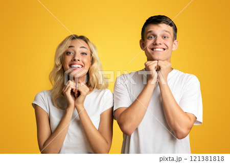 Young Couple Pleading For Something And Keeping Hands Together On Yellow Background, Copy Space 121381818