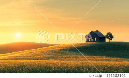 Silhouette of house home building on a green grass meadow field hill, with copy space 121382101