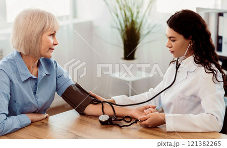 Cardiology. Mexican doctor measuring blood pressure of senior woman, checking patient, free space, panorama 121382265