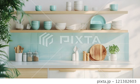 A stylish kitchen showcases neatly arranged dishes and utensils on wooden shelves. The light teal backsplash complements the minimalist decor, creating an inviting atmosphere for cooking. 121382603