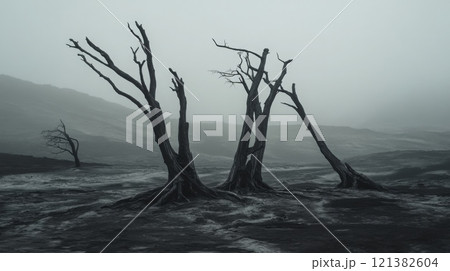 A group of gnarled trees stands silently in a foggy landscape, surrounded by dark earth and muted surroundings, evoking a sense of desolation and stillness in an eerie natural setting. 121382604