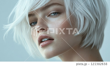 A woman with short, white hair poses confidently, highlighting her striking features and smooth complexion. 121382638