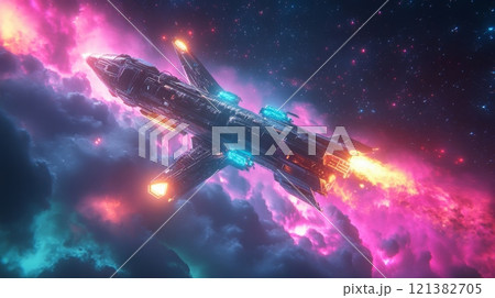 A sleek, high-tech spacecraft propels through a vivid galaxy filled with colorful clouds and bright stars 121382705