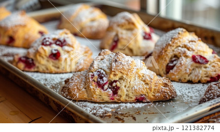 Delicious cranberry croissants, golden brown and sprinkled with powdered sugar, cooling on a baking sheet. 121382774