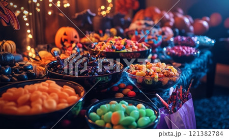 A table is covered in a dark blue tablecloth and laden with Halloween candy. Bowls of brightly colored candies are arranged in a line, including orange, yellow, red, blue, and green candies 121382784