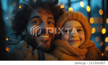 A joyful father and his young child sit together, surrounded by soft, glowing lights. Their beaming smiles reflect the warmth and love shared between them on a chilly evening. A joyful father and his young child sit together, surrounded by soft, glowing lights. Their beaming smiles reflect the warmth and love shared between them on a chilly evening. 121382807