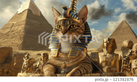A majestic cat adorned with a golden headdress rests in front of the ancient pyramids, surrounded by small sculptures and stone figures, all under a dramatic sky filled with clouds. A majestic cat adorned with a golden headdress rests in front of the ancient pyramids, surrounded by small sculptures and stone figures, all under a dramatic sky filled with clouds. 121382876